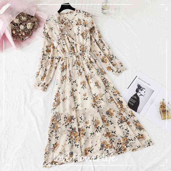 

spring summer women chiffon dresses bow casual long sleeve floral print midi dress elegant party dress vestidos mujer 210521, Black;gray