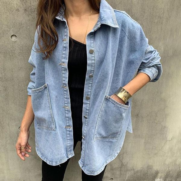 

women's jackets autumn denim jacket thin bf wind lapel pocket long sleeve single breasted casual loose girl shirt women, Black;brown