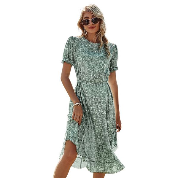 

2021 spring new high waist round neck ruffle mid length floral dress women's short sleeve a-line skirt, Black;gray