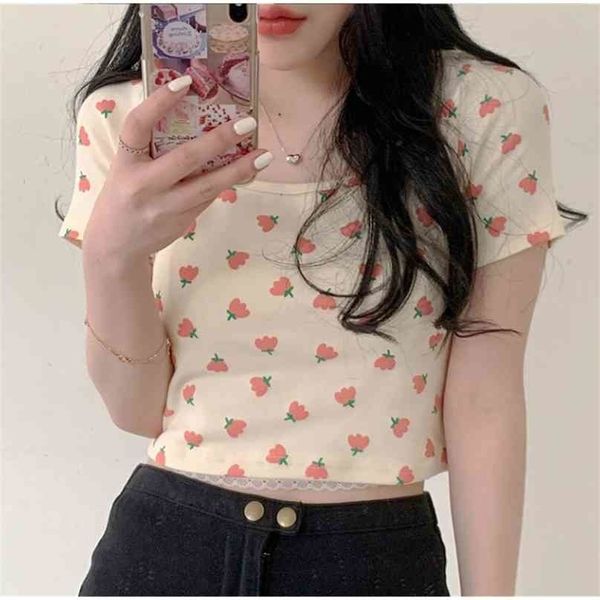 Mulheres Curta Camiseta Verão Desenhos Animados Floral Impressão Doce Ctop Tops Kawaii Coreano Coreano Bonito T-shirt Chique Mujer 210525