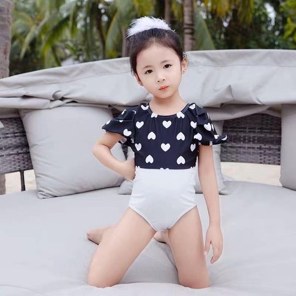 

one-pieces children girls puff sleeve swimsuit cute polka dot split for elastic bikini beach wear summer baby clothes, Black