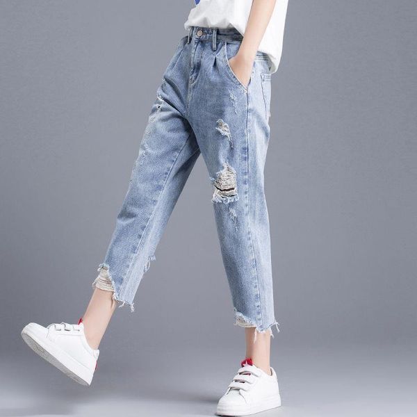 

women's jeans ripped spring and summer thin loose trousers are wild harem pants nine-point mother, Blue