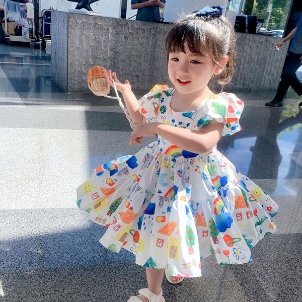 

girl's dresses 2021 girls summer children dress kids puff sleeve flower print soft cotton princess girl clothes floral, Red;yellow