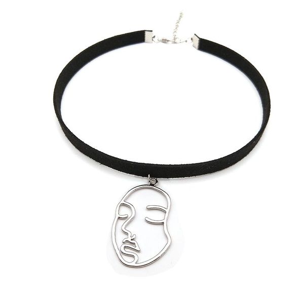 

gothic hollow face pendant necklace black velvet leather choker necklaces for women fashion collar neck jewelery party gift e103, Silver