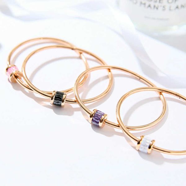 

yun ruo new arrival trend luxury colorful zircon bangle rose gold color titanium steel jewelry woman never fade chic style q0717, Black