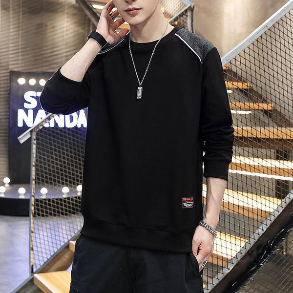 

pure cotton sanitary men's spring autumn long sleeve color matching round neck fashion bottoming youth casual wear t-shirts, White;black