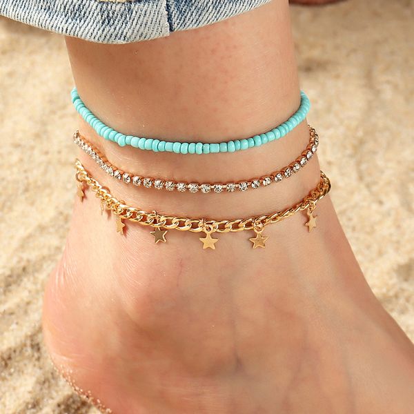 

boho star anklets set for woman fashion handmade round beads adjustable elastic bracelet ankle on leg, Red;blue