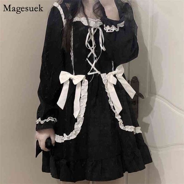 

japan style gothic lolita dress women bandage vintage kawaii mini girl a-line slim black summer es vestido 13260 210512, Black;gray