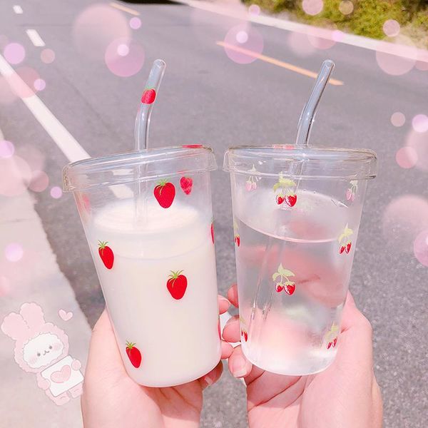 

wine glasses 400ml strawberry glass cup with straw summer transparent water heat resistant breakfast mug juice cups for gifts