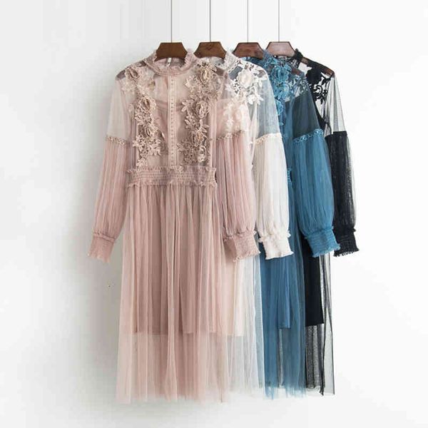 

casual dresses -vestido floral 3d de malla para mujer, vestido elegante con cuello levantado y mangas abullonadas, encaje vintage, Black;gray