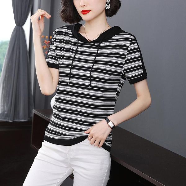 

women's t-shirt women cotton short sleeve t-shirts 2021 summer fashion korean style hooded striped female loose plus size casual tees, White
