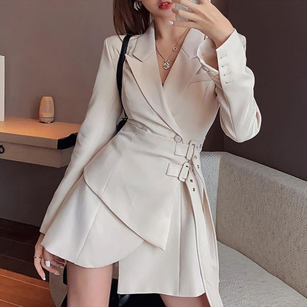 

blazer mini party fashion womens dress elegant one korean belt long sleeve tide brand, Black;gray