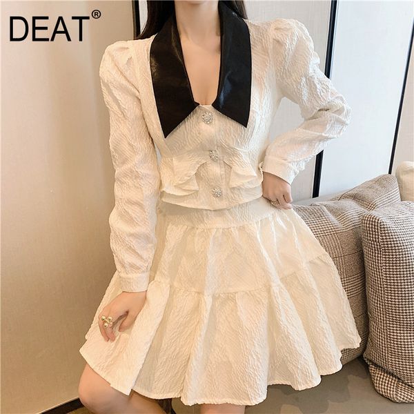 

[deat] summer new fashion tide turn-down collar single-breasted splicing high waist skirts women two-piece 13q046 210430, White