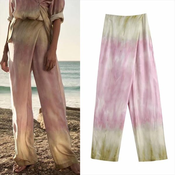 

za fashion pink satin oversize women capri vintage tie dye aesthetic casual high waist womens wide woman trouser, Black;white