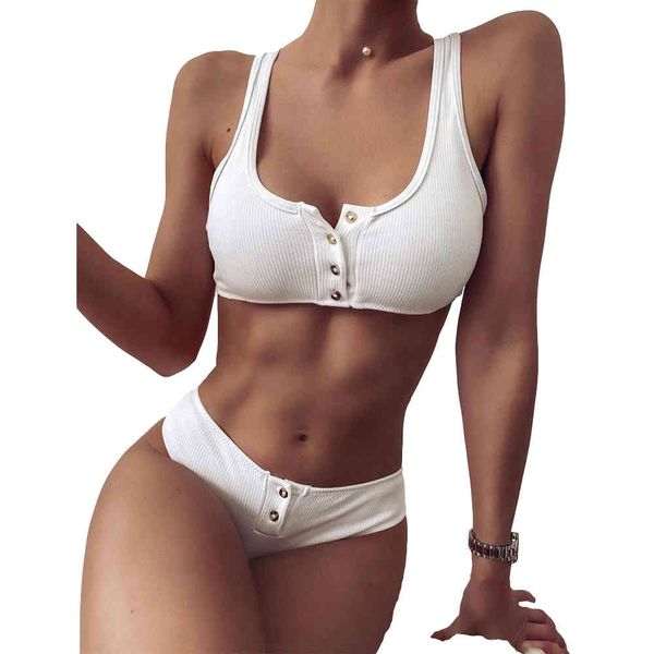 

push up bikini set white swimsuits women ribbed swimwear bandeau biquini buttons beach wear summer bathers 210520, White;black