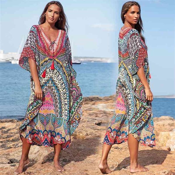 Bohemian Folk-custom Beach Dress Summer Sexy scollo a V Nappa scollata con lacci Costume da bagno casual Cover Up Bikini allentato 210604