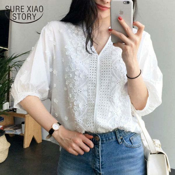 

fashion spring korean summer short sleeve women loose solid white embroidered hollow v-neck shirt female 8025 50 210510