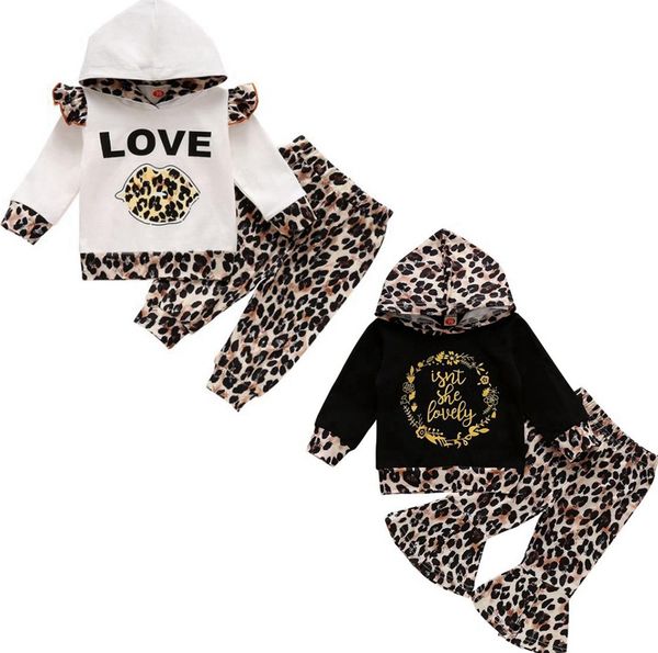 

leopard baby girl outfits long sleeve hooded flare pants 2pcs sets infants casual clothes set boutique baby clothing bt5956, White
