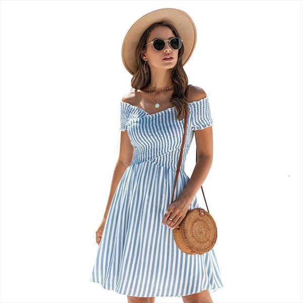 

summer arrival off the women dresses shoulder striped short sleeve high waist cotton a line sweet sundress, Black;gray