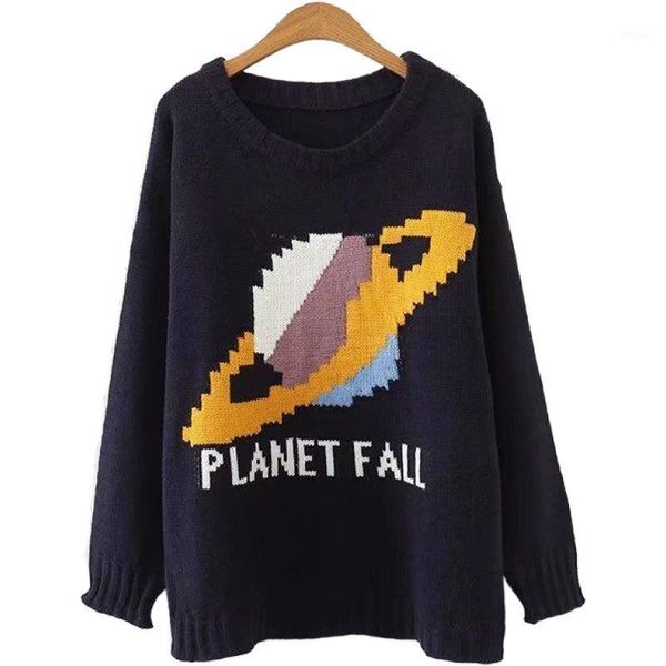 

korean fashion women's sweater casual planet halo embroidered pullover knit long sleeve sweaters femme harajuku, White;black