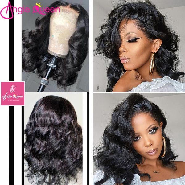 

body wave lace front human hair13x4x1t part wigs angie queen burmese non-remy hair natural color 180% density short bob wig, Black;brown