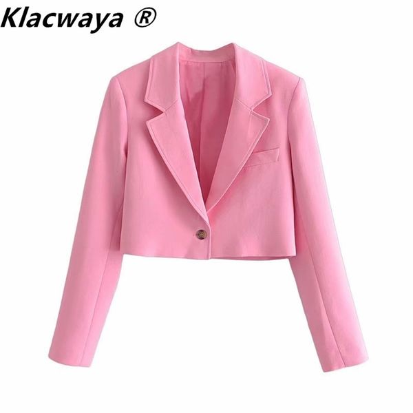 

klacwaya women vintage notched collar solid color short slim blazer coat female one button outerwear chic crop 211019, White;black
