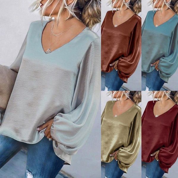 

women's t-shirt yghan woman girls fashion long sleeve loose fitting v neck casual plain color t shirt female, White