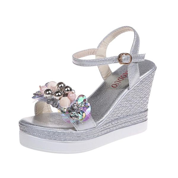 

summer shoes for woman wedge sandals rhinestone flower bling women's peep toe high heels buckle ladies footwear #bl3 dress, Black
