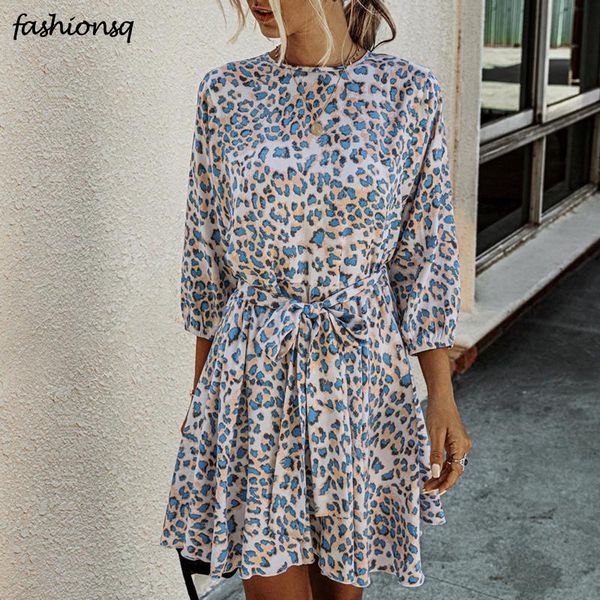 

fashion autumn dress women leopard print belt boho beach dresses casual long sleeve a-line mini party vestidos 2021, Black;gray