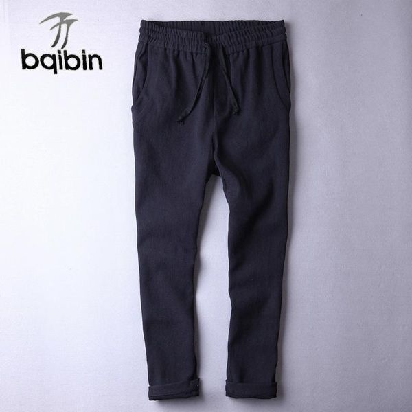

arrival thick long pants men linen loose waist straight cotton autumn winter trousers casual pantalon 38 size men's, Black