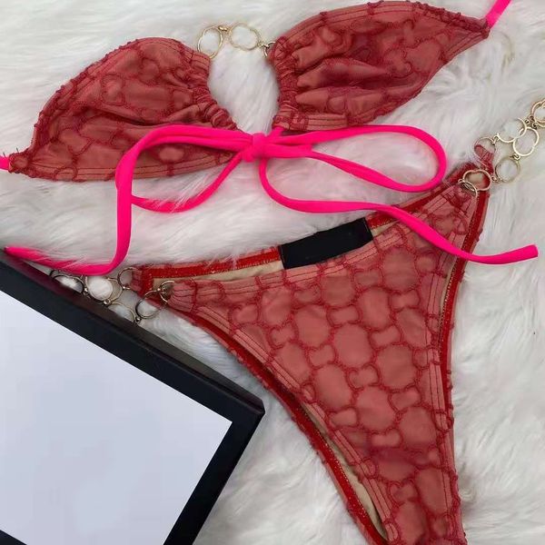 

retro lace up comfortable bikini letter metal chain swimsuit embroidery mesh bikinis women thong swimsuits