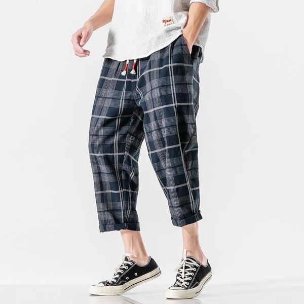 

men's pants 2021 men cotton loose japan harajuku style grid wide casual drawstring elastic leg opening ankle length trousers, Black
