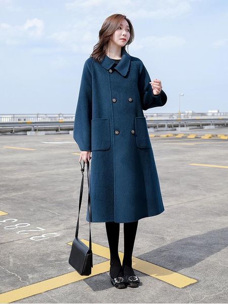 

women's wool & blends handmade double-sided cashmere classic coat autumn and winter 2021 loose high-end medium length, Black