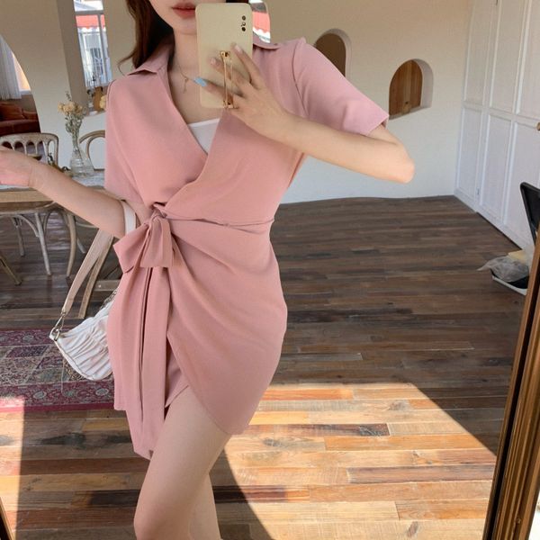 

2021 summer women's korean version small v-neck lace up short skirt temperament profsional ol short sleeve shirt drs, White;black