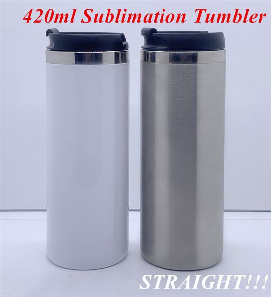 Sublimazione STRAIGHT Tumbler 420ml Coffee Travel Mug Tazze dritte Bicchiere sottile in acciaio inossidabile Bicchiere da birra Tazze da caffè con coperchi