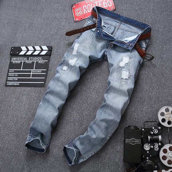

european and american foreign trade men's jeans light blue hole white slim straight