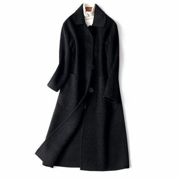 

women's wool & blends 2021 autumn winter female overcoat loose ladies outerwear solid color women trench coat fashion elegant high quat, Black
