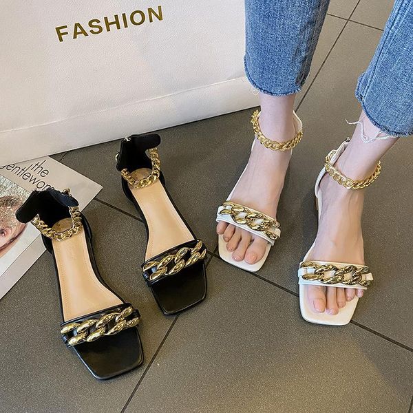 

sandals fashion metal chain flats women summer ankle strap party shoes woman square toe mujer, Black