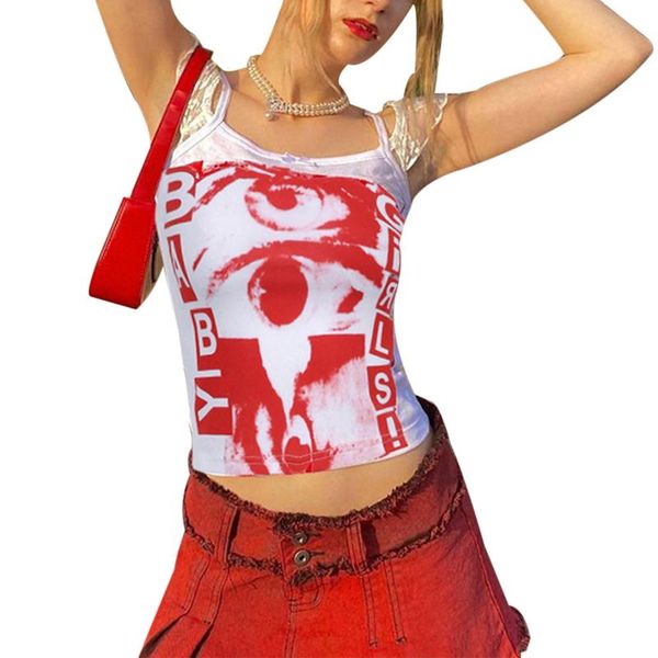 

women's tanks & camis crop cami 2021 y2k sleeveless spaghetti strap eyes letter printed camisole, White