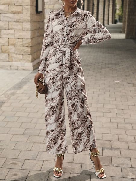 

chain and leopard print belted wide leg jumpsuit r151#, White
