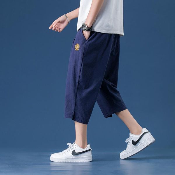 

men's shorts drop man linen cropped pant trouser men casual sports pants summer male straight loose capris trousers, White;black