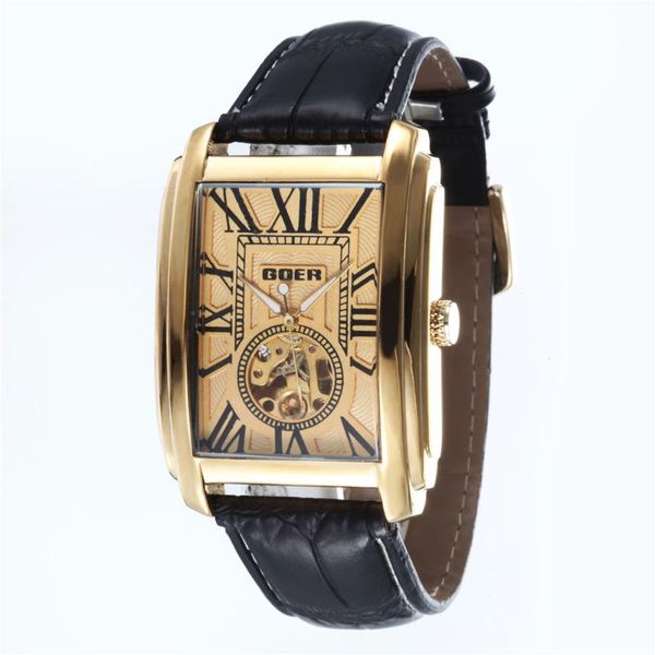 

men skeleton watches fashion rectangle automatic mechanical wristwatches leather band relogio masculino, Slivery;brown