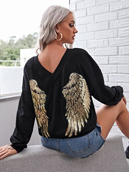 

double v-neck drop shoulder sequin wing back pullover 22ad#, White;black
