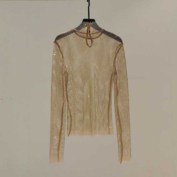 

women's blouses & shirts fashion european station celebrity style perspective hollow mesh slim bottom shirt all diamond high collar top, White