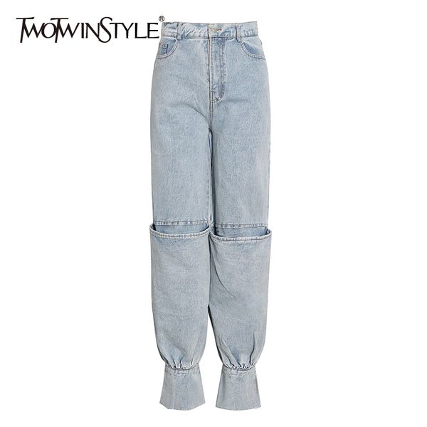 

casual loose jeans for women high waist patchwork pocket denim solid trouser female fashion clothing spring 210423, Blue