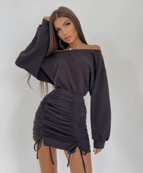 

casual dresses rmsfe 2021 ladies summer long sleeve diagonal collar fashion solid color thin waist pleated skirt dress, Black;gray