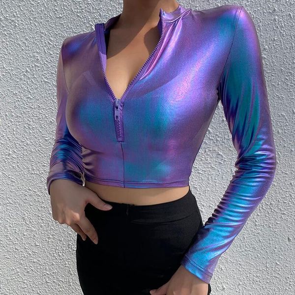 

yoga outfits vertvie 2021 spring women sports deep v neck shirt long sleeve sequin zipper bright shiny slim fit party shirts, White;red