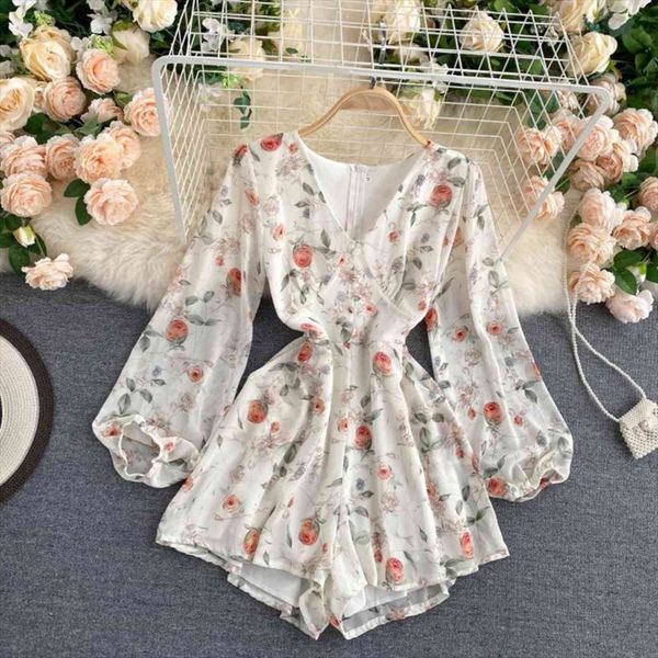 

french print sweet v neck womens jumpsuits long sleeve casual bohemian wide leg short, Black;white