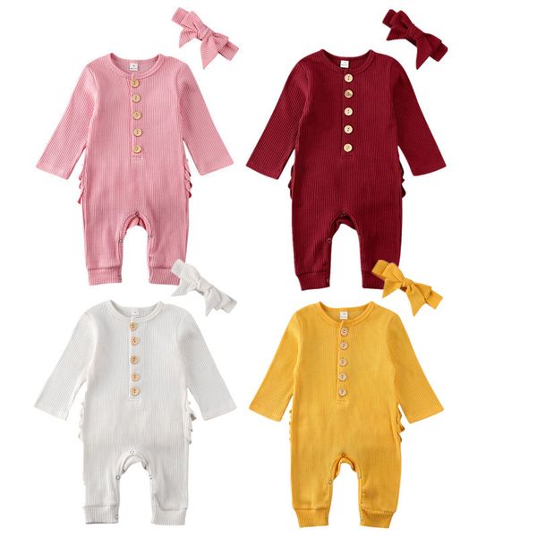 

newborn baby boy girl rompers headband 2pcs outfit knitted solid kong sleeve ruffle romper jumpsuit clothes, White