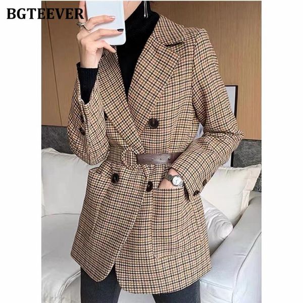 

vintage double breasted women houndstooth plaid suit blazer 2021 spring full sleeve sashes belted female outwear women's suits & blazer, White;black